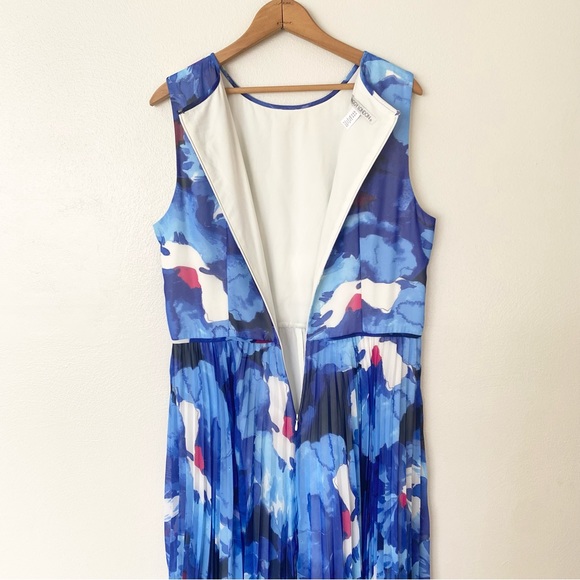 Maggy London Sleeveless Blue Floral Dress Women's Size 16 Pleated Skirt Spring - Picture 4 of 7